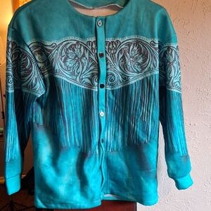 Teal Button-Up Cardigan with Fringe Design